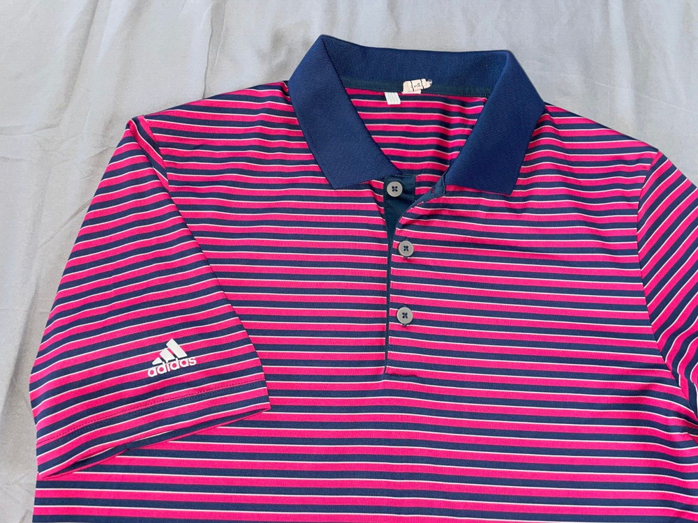 Adidas Short Sleeve Performance Polo Golf Shirt. Navy/Pink Stripe, Men's S. EUC!